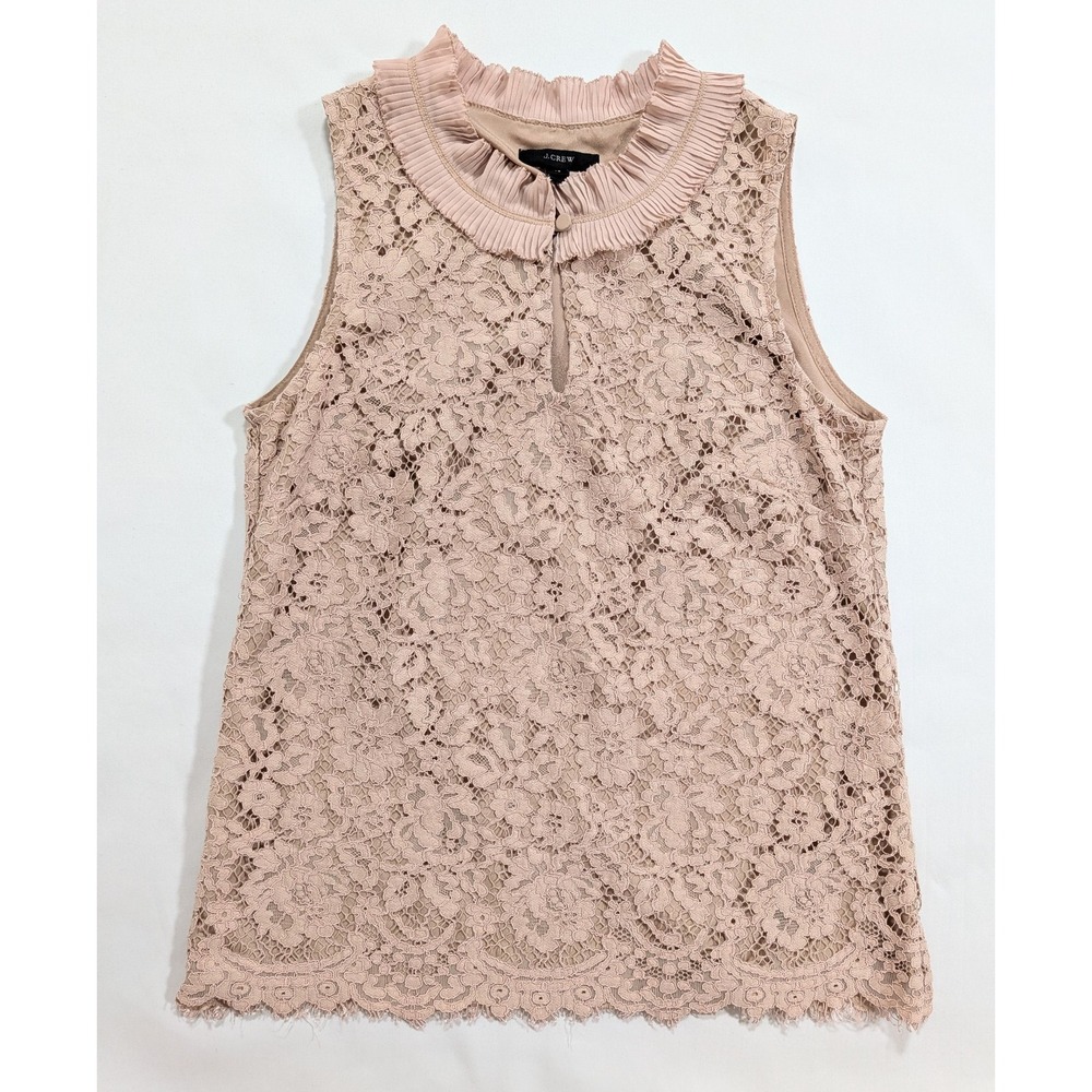 J. Crew Lace Ruffle Collar Sleeveless Keyhole Lined Top Blouse Tan X-Small XS